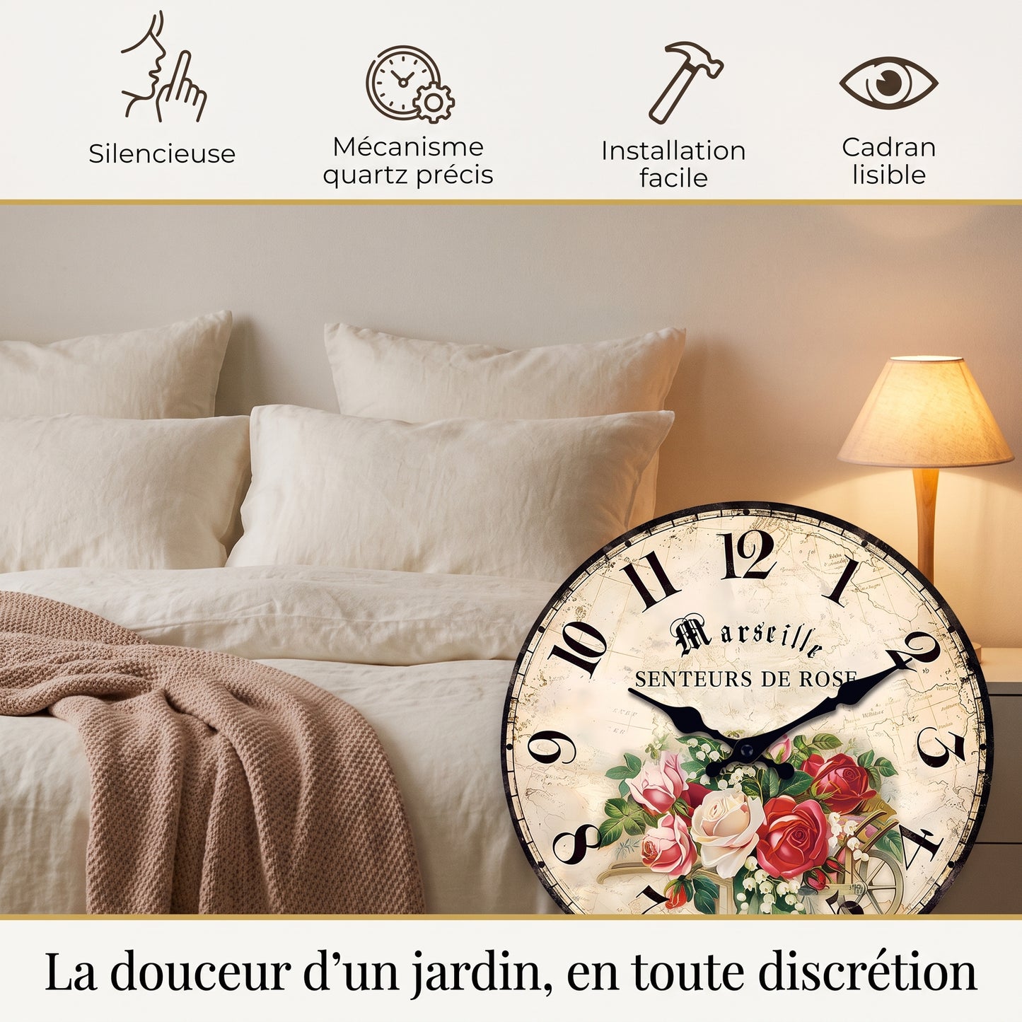 Horloge Murale Vintage Motif Rose en Bois et Bambou, Silencieuse et Romantique – Roséva