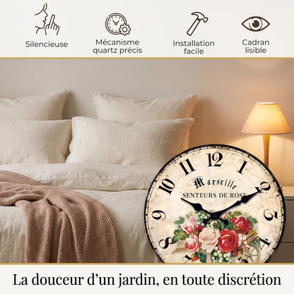 Horloge Murale Vintage Motif Rose en Bois et Bambou, Silencieuse et Romantique – Roséva