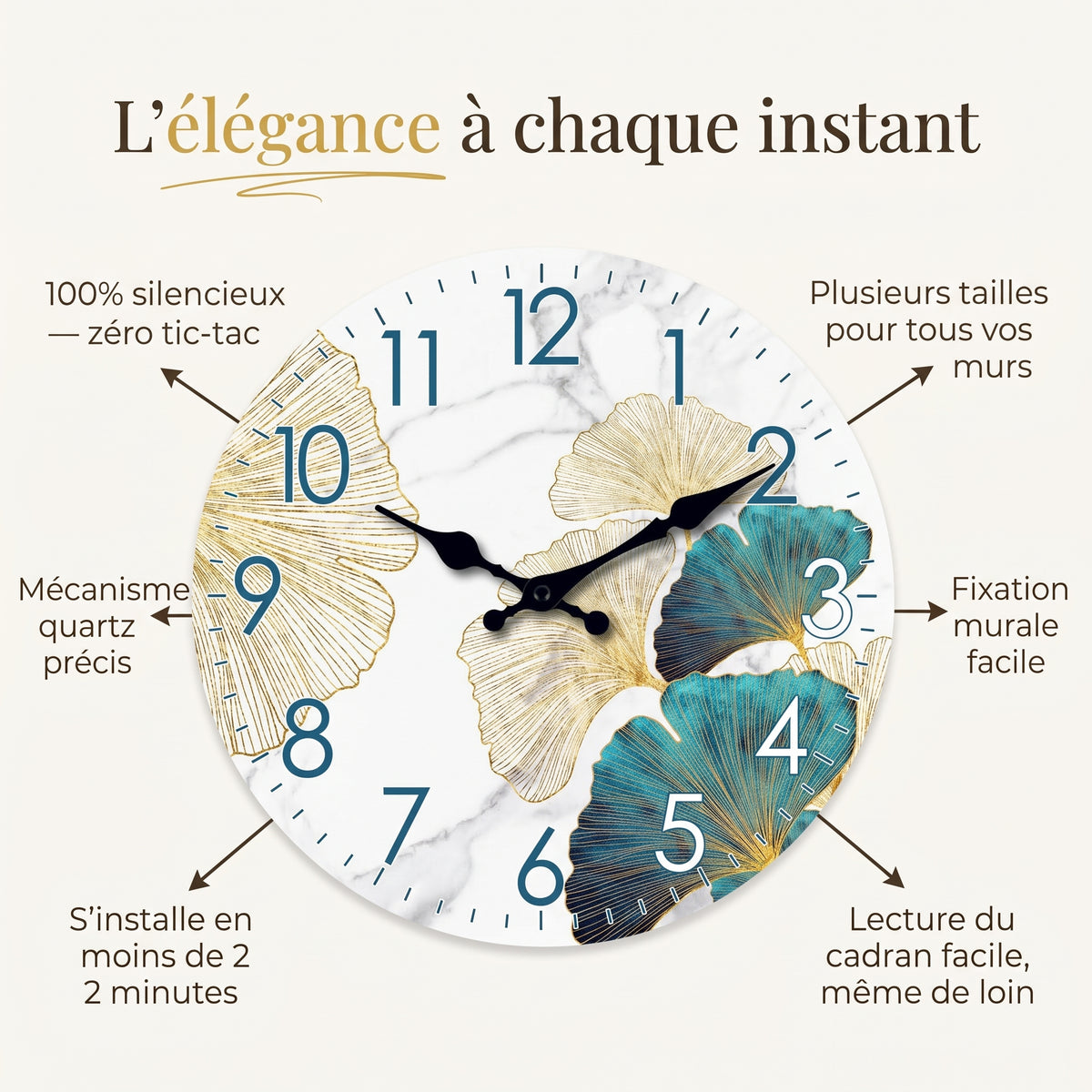 Horloge Murale Design Moderne Feuille de Ginkgo en Bois, Silencieuse – Ginkyra