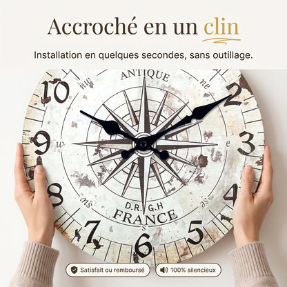 Horloge Murale Vintage Motif Boussole, Silencieuse – Cardinia