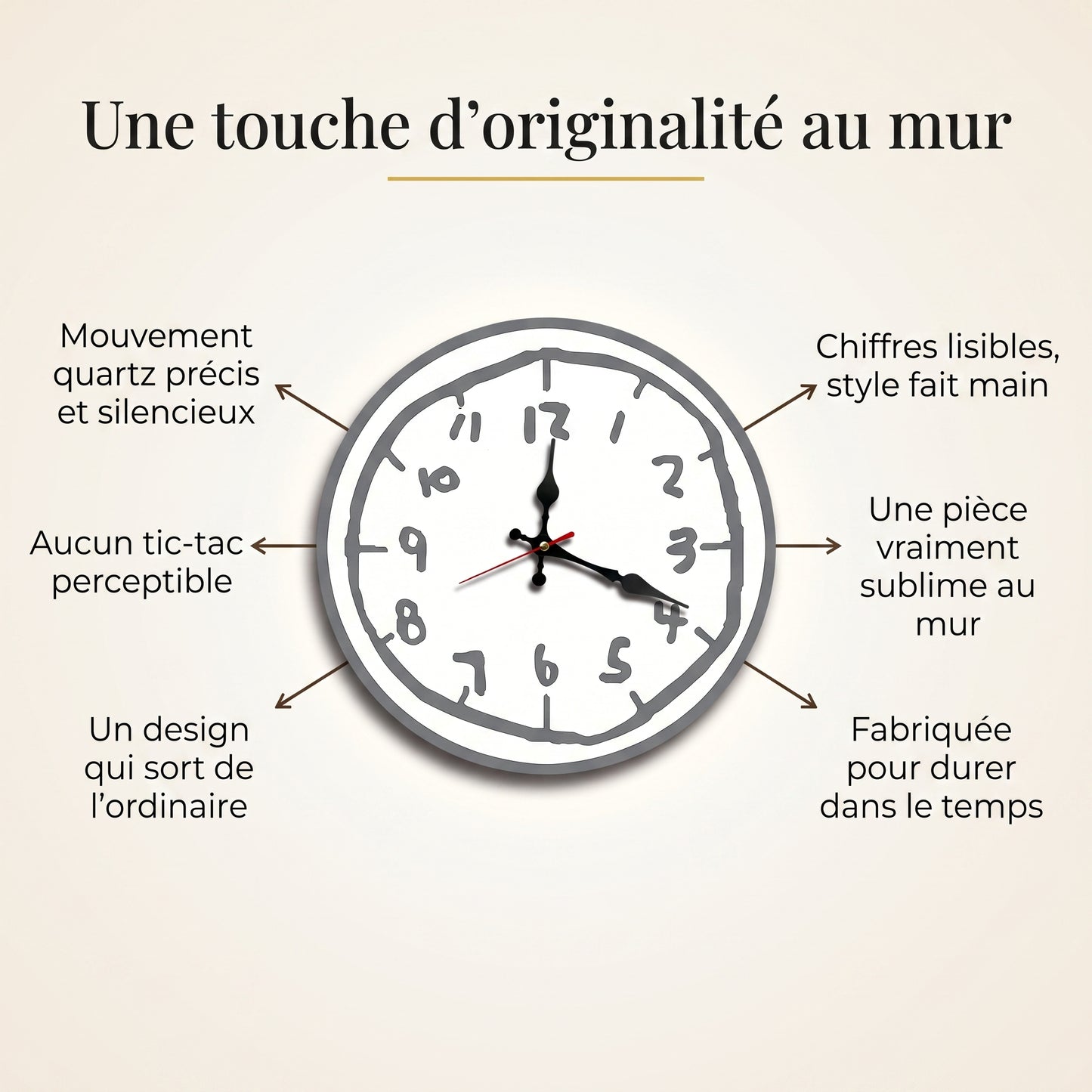 Horloge Murale Originale Effet Croquis Dessiné Main, Silencieuse et Bois – Griffonia