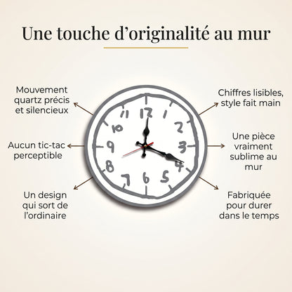 Horloge Murale Originale Effet Croquis Dessiné Main, Silencieuse et Bois – Griffonia