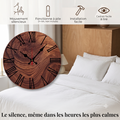 Horloge Murale en Bois Grain Naturel Ronde, Silencieuse et Authentique – Ligneva