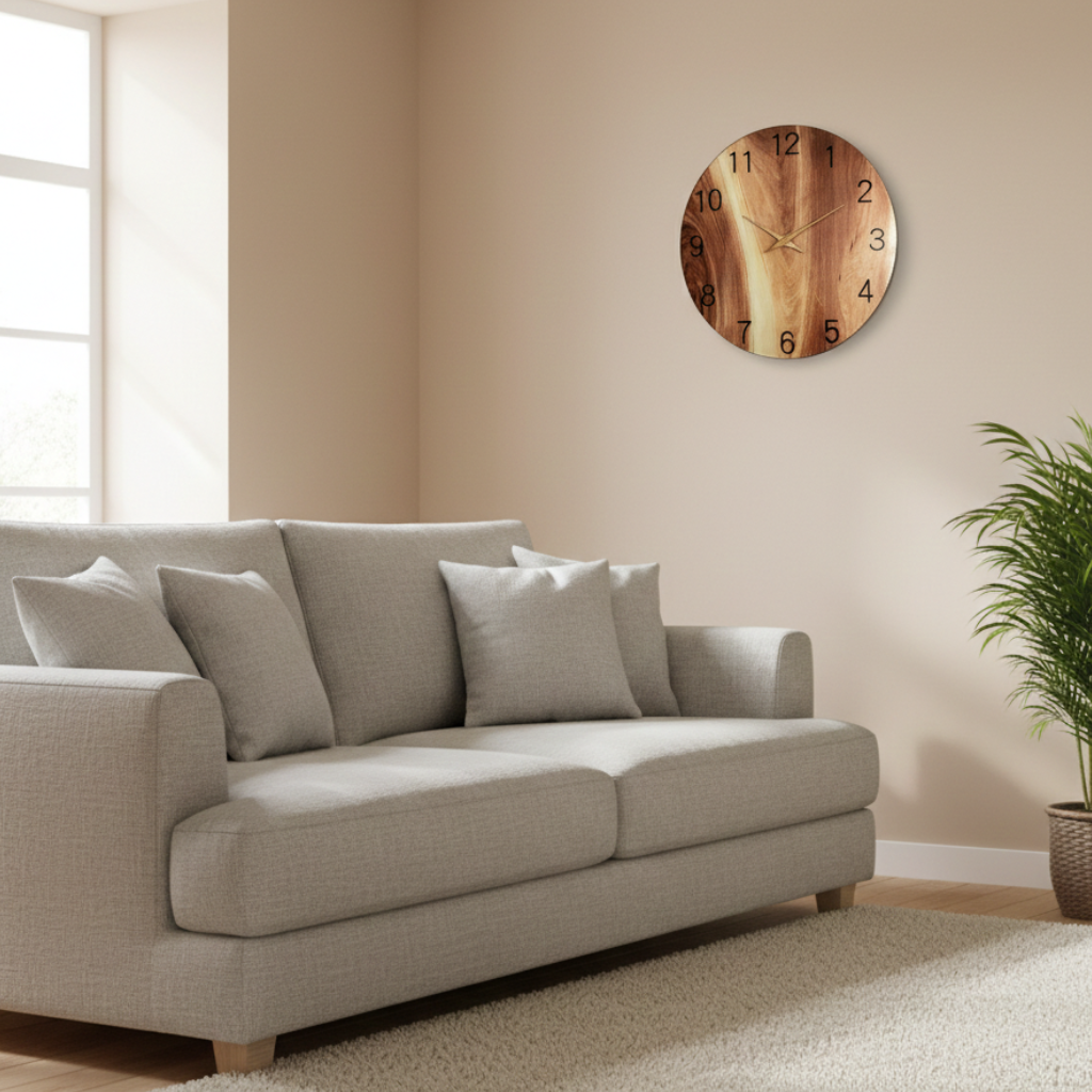 Horloge Murale Design Circulaire en Bois Veiné, Silencieuse et Verre Trempé – Auren