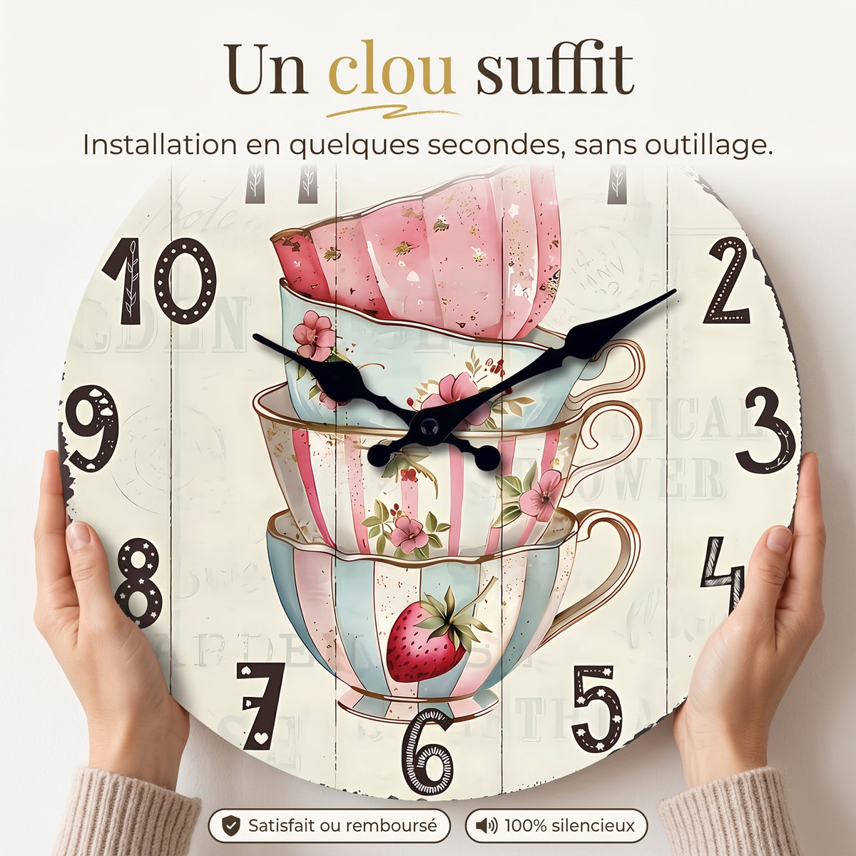 Horloge Murale Vintage Motif Tasse à Thé Fleurie, Silencieuse – Théodine