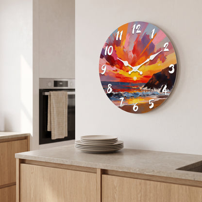 Horloge Murale en Bois Motif Coucher de Soleil Marin, Silencieuse – Horizéa