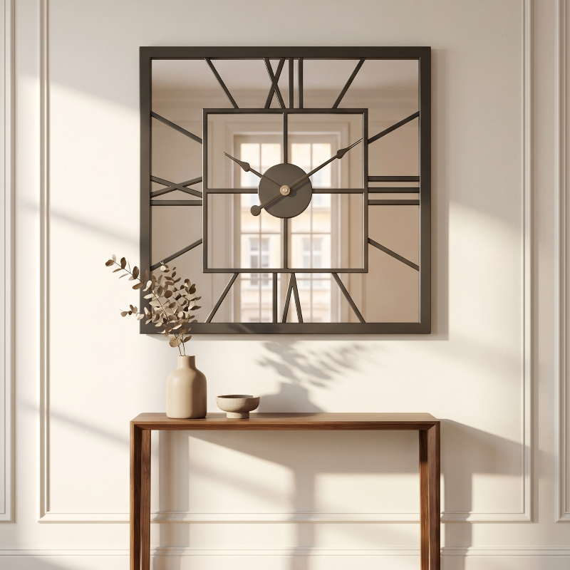 Horloge Murale Design Carrée en Métal avec Miroir, Silencieuse et Élégante – Mirova