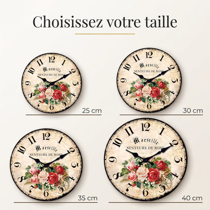 Horloge Murale Vintage Motif Rose en Bois et Bambou, Silencieuse et Romantique – Roséva