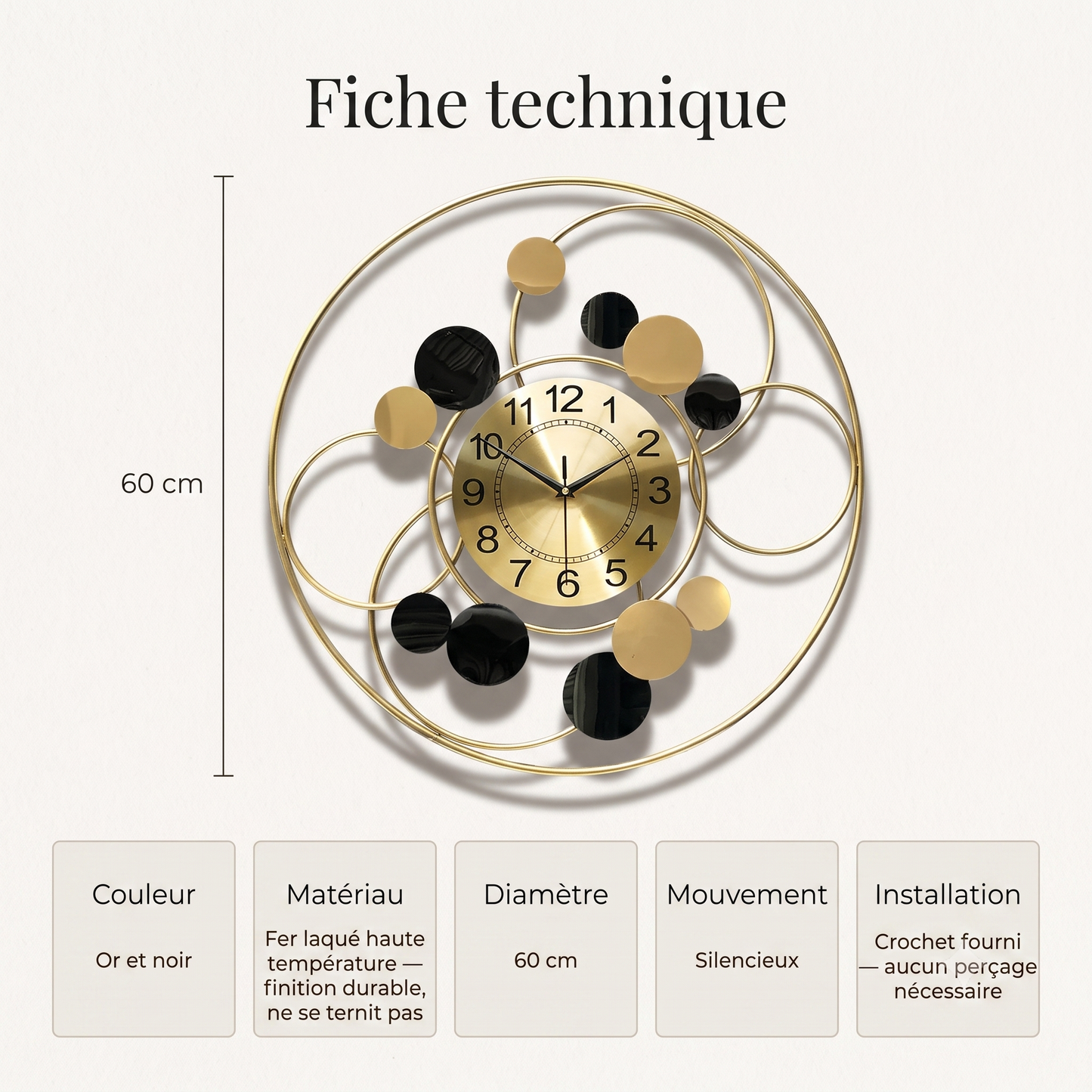 Horloge Murale Industrielle Motif Planétaire en Fer Forgé, Silencieuse et Sculpturale – Astréa