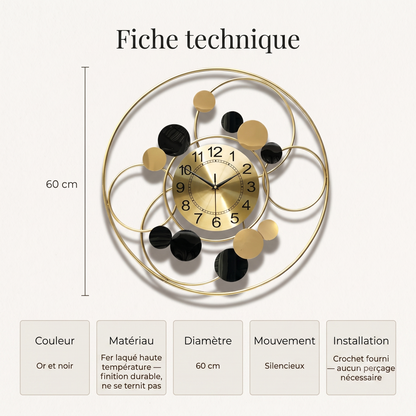 Horloge Murale Industrielle Motif Planétaire en Fer Forgé, Silencieuse et Sculpturale – Astréa