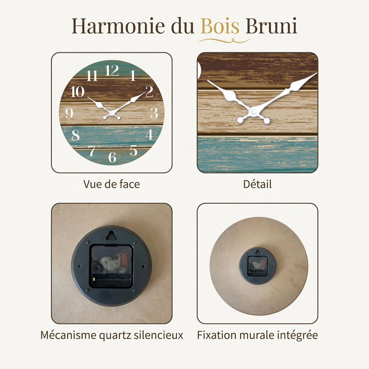 Horloge Murale Originale Silencieuse en Bois, Thème Bord de Mer Bleu et Brun – Côtelia