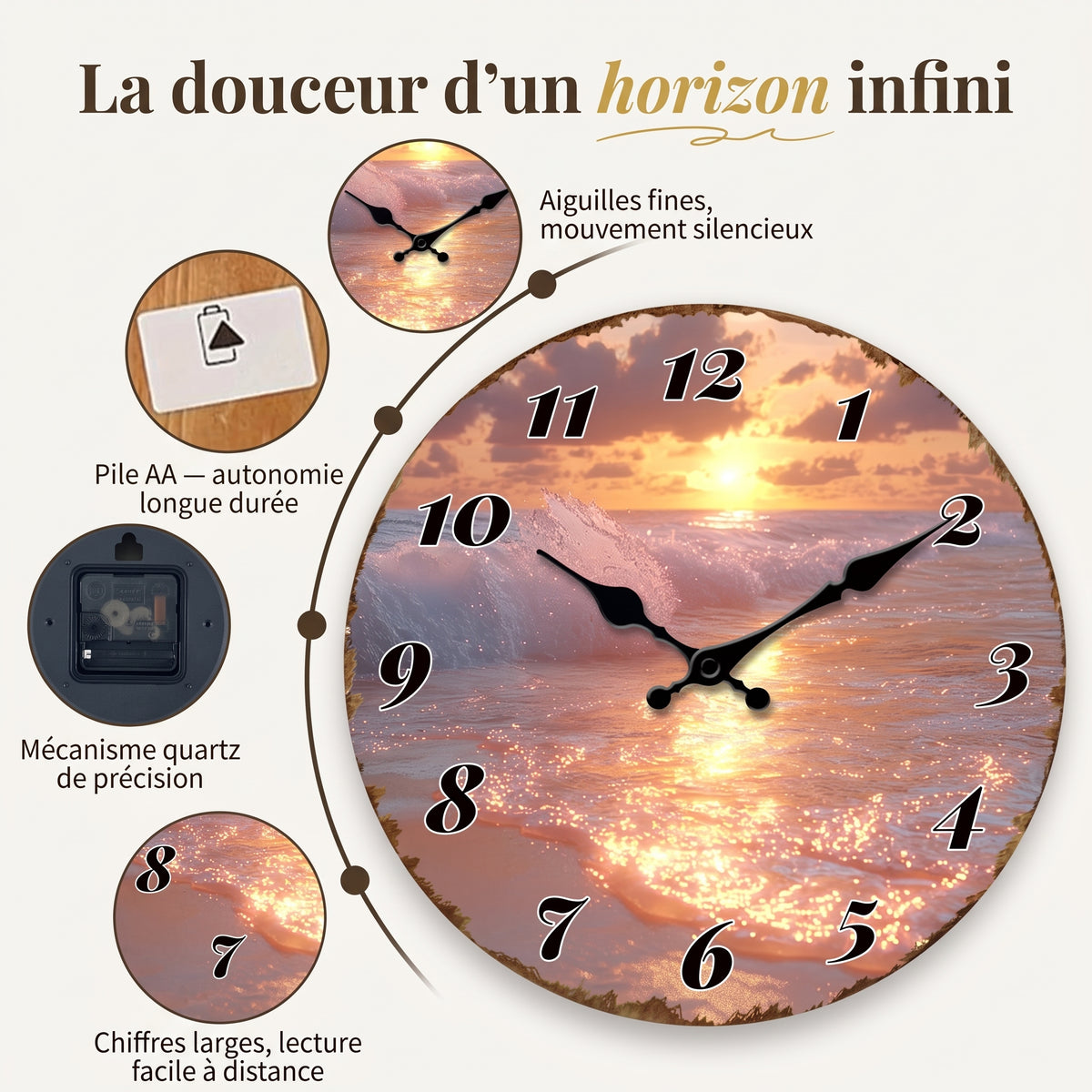 Horloge Murale Originale Coucher de Soleil Marin, Silencieuse – Ondalia