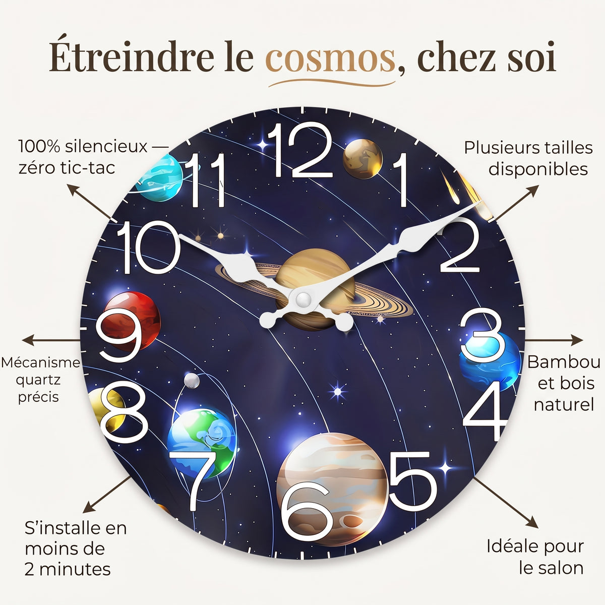 Horloge Murale en Bois Univers et Planètes, Silencieuse et Décorative – Orbéa