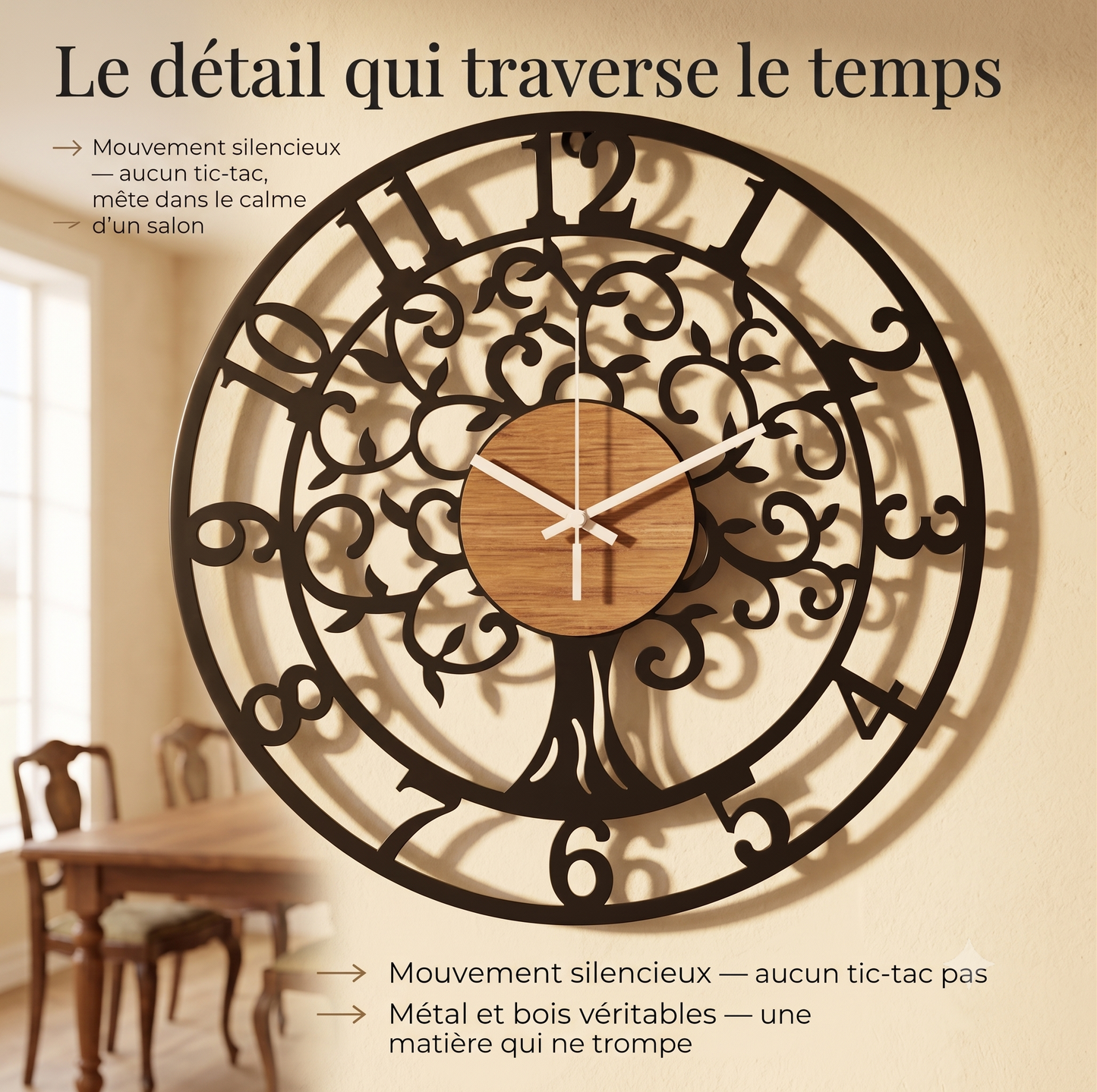 Horloge Murale Industrielle Arbre de Vie en Fer Forgé, Silencieuse et Artistique – Arboria