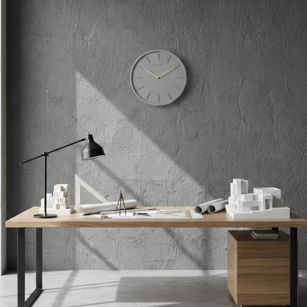 Horloge murale design industrielle en résine effet ciment, analogique et silencieuse – Zmusep