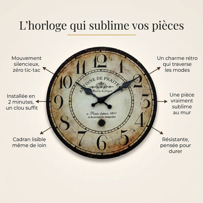 Horloge Murale Vintage Parisienne en Bois et Bambou, Silencieuse et Rétro – Antoine