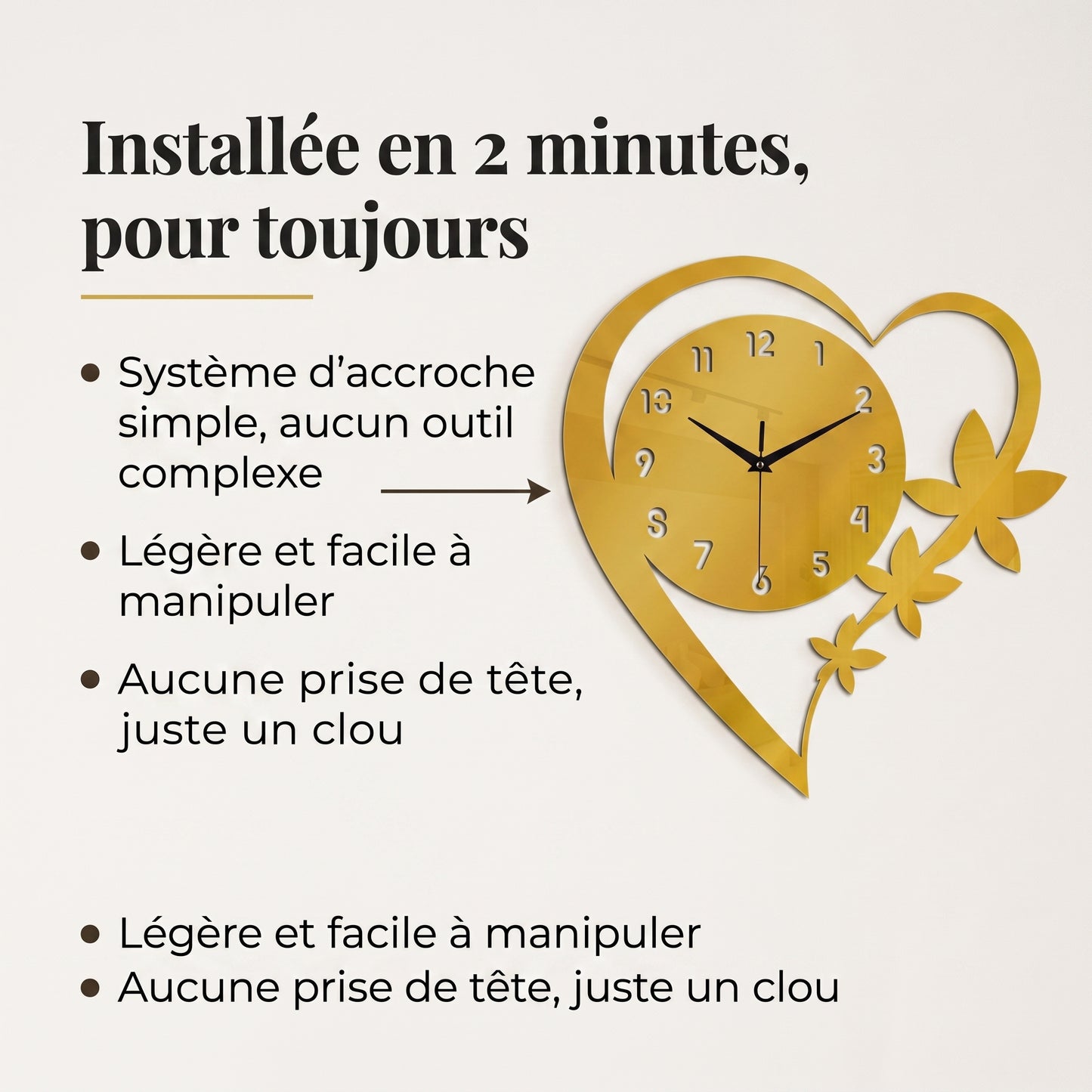 Horloge Murale Design Cœur et Fleur en Acrylique, Silencieuse  – Coeuria