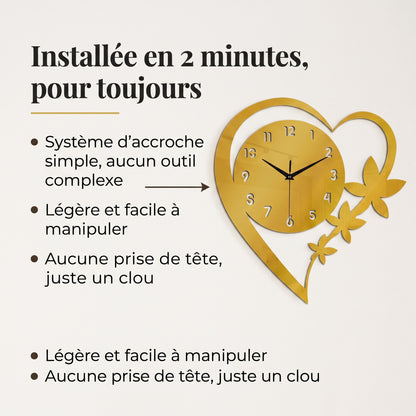 Horloge Murale Design Cœur et Fleur en Acrylique, Silencieuse  – Coeuria