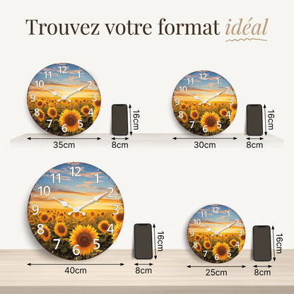 Horloge Murale Originale Jardin de Tournesols en Bois, Silencieuse et Décorative – Tournesia