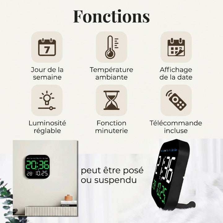 Horloge Numérique Murale LED Grand Format avec Télécommande et Double Alarme – Veltis