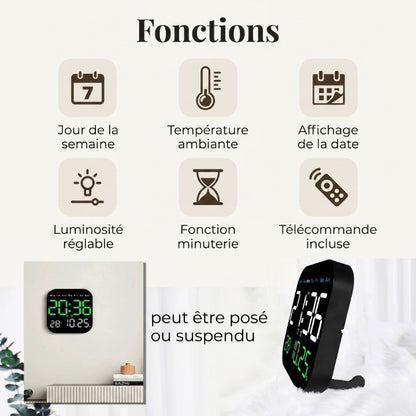 Réveil Mural LED Grand Format avec Télécommande et Double Alarme – Veltis