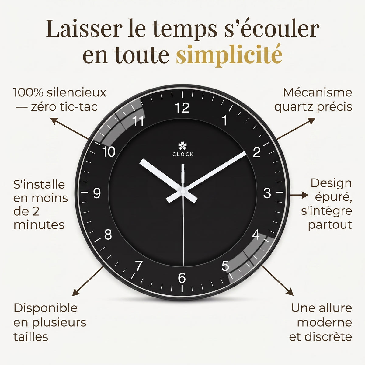 Horloge Murale Moderne Noire Simple, Silencieuse et Épurée – Nova