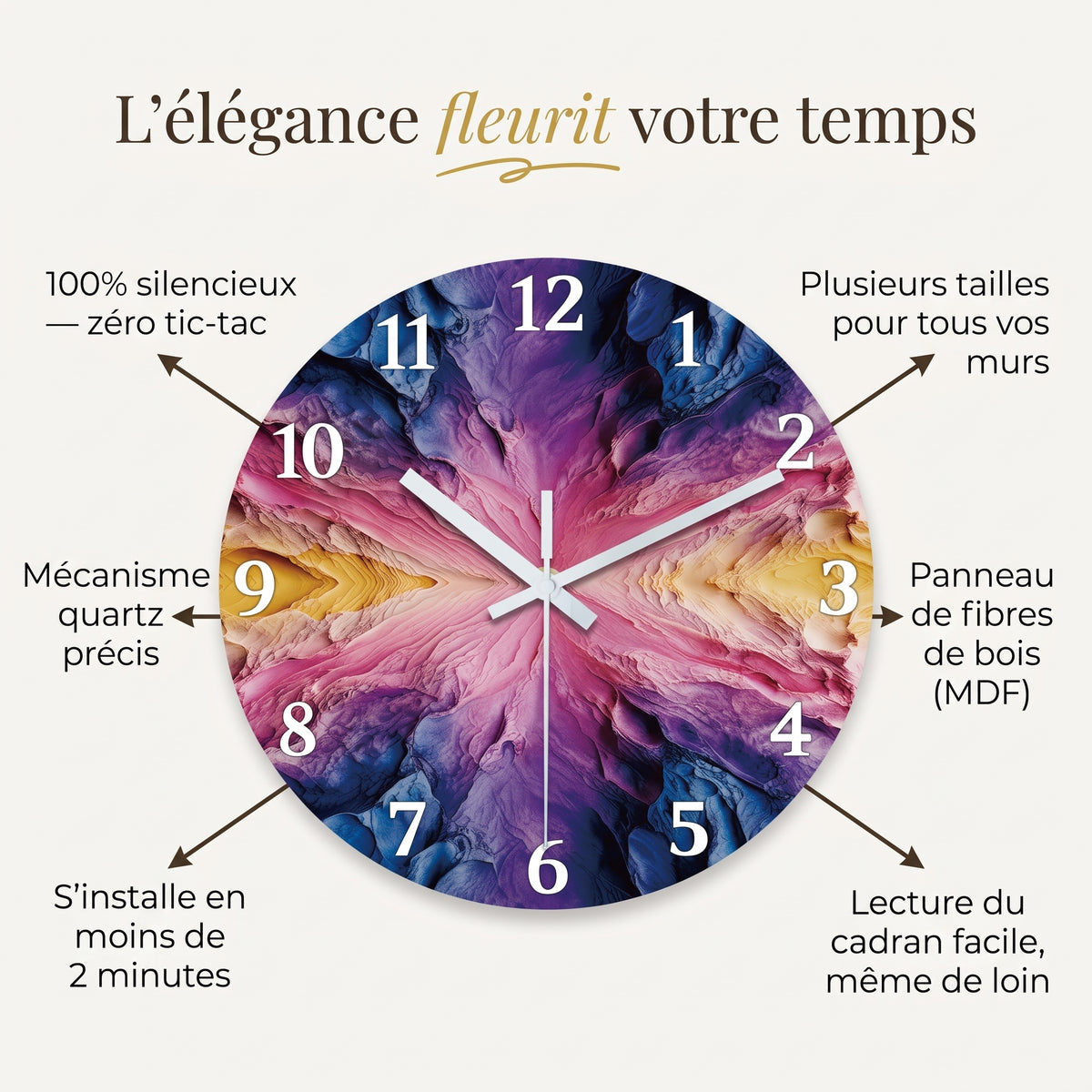 Horloge Murale Design Abstrait Violet, Silencieuse – Améthia