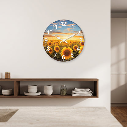 Horloge Murale Originale Jardin de Tournesols en Bois, Silencieuse et Décorative – Tournesia