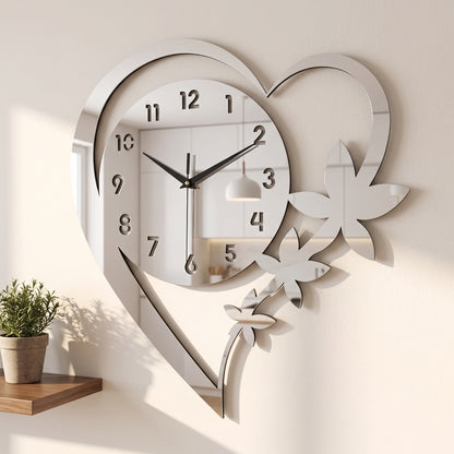 Horloge Murale Design Cœur et Fleur en Acrylique, Silencieuse  – Coeuria