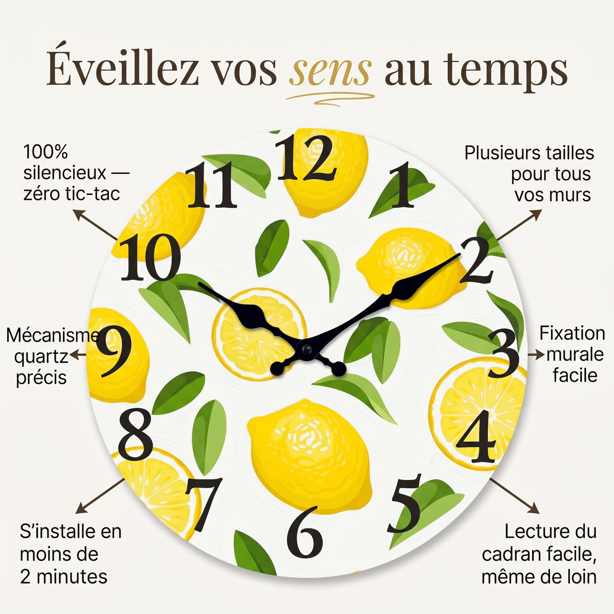 Horloge Murale Bois Citron et Feuillage, Silencieuse – Verdolia