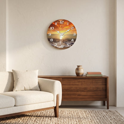 Horloge Murale Originale Plage et Coucher de Soleil en Bois, Silencieuse et Décorative – Sablonia