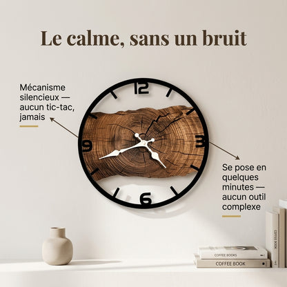 Horloge Murale en Bois Motif Cernes, Silencieuse et Rustique – Cernova