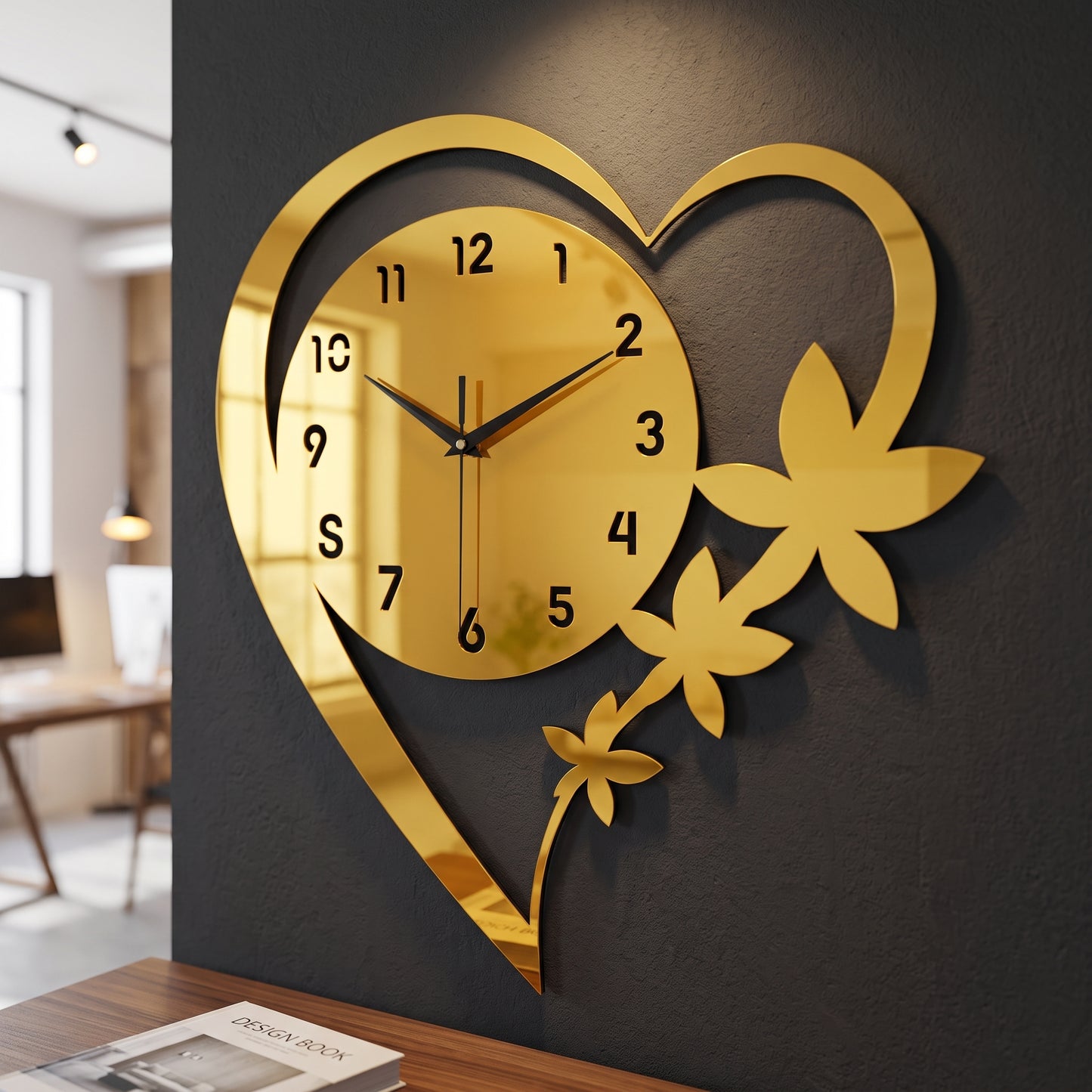 Horloge Murale Design Cœur et Fleur en Acrylique, Silencieuse  – Coeuria