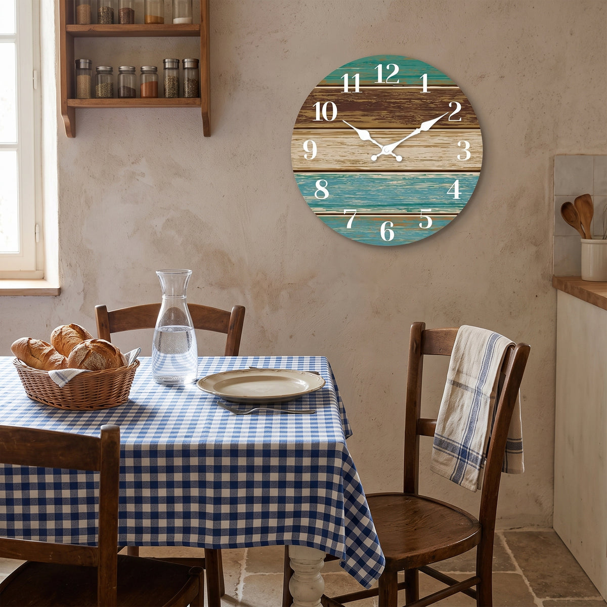 Horloge Murale Originale Silencieuse en Bois, Thème Bord de Mer Bleu et Brun – Côtelia