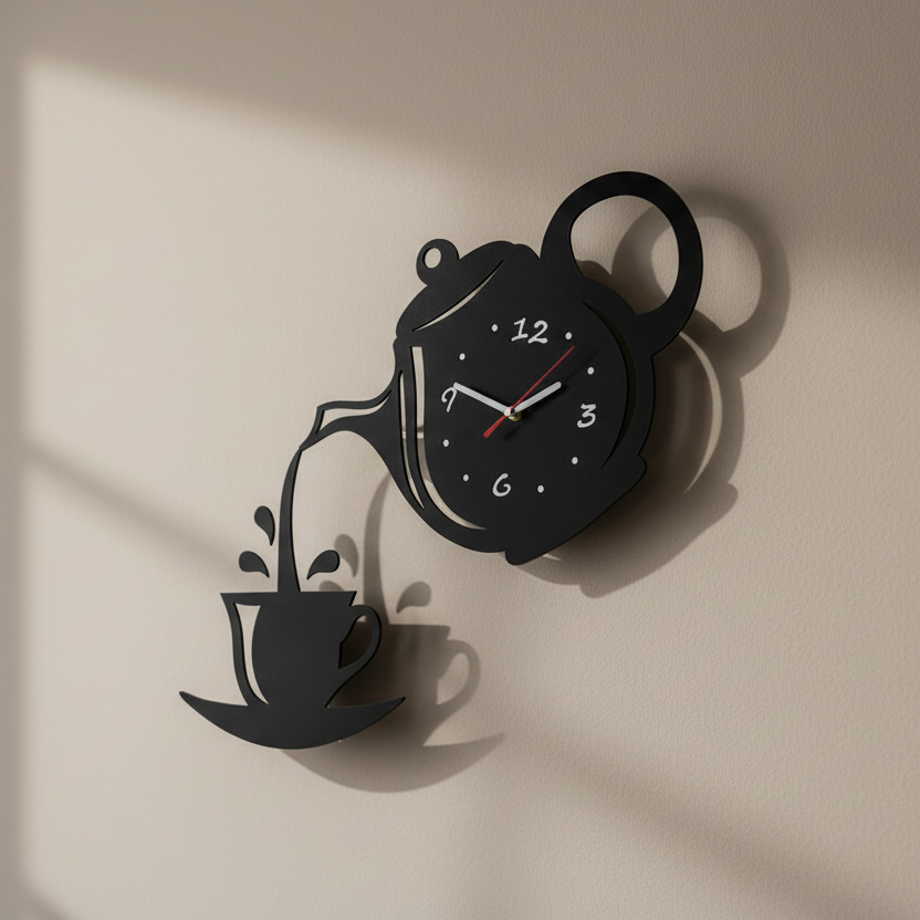 Horloge Murale Design Théière 3D en Acrylique Miroir, Originale et Décorative pour Cuisine ou Salon – Théova