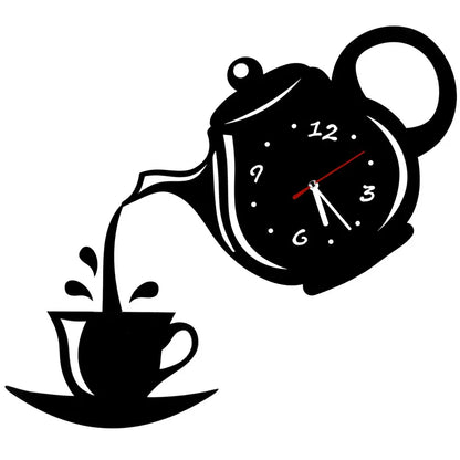 Horloge Murale Design Originale Théière 3D Miroir pour Cuisine, Silencieuse – Théova