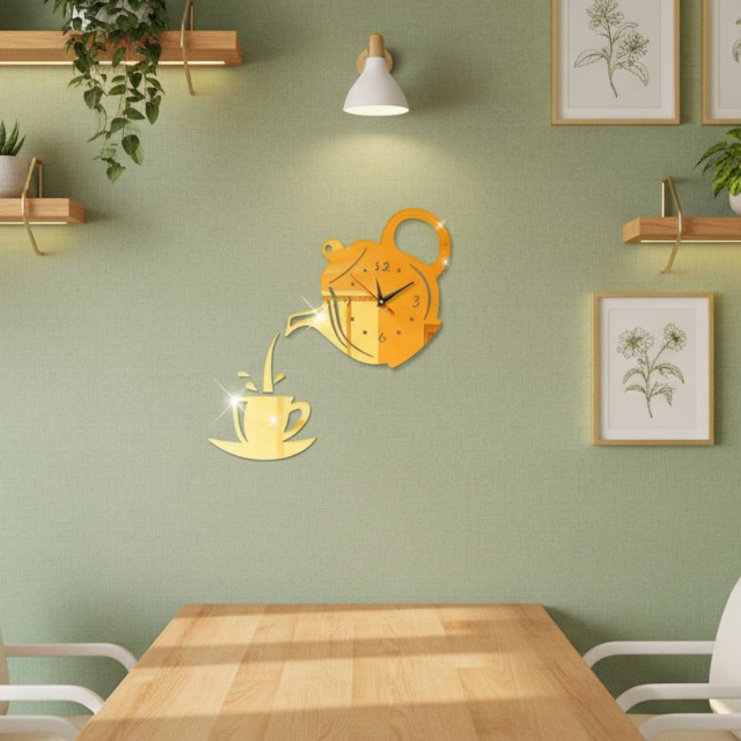 Horloge Murale Design Théière 3D en Acrylique Miroir, Originale et Décorative pour Cuisine ou Salon – Théova