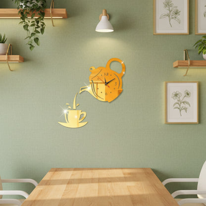 Horloge Murale Design Originale Théière 3D Miroir pour Cuisine, Silencieuse – Théova