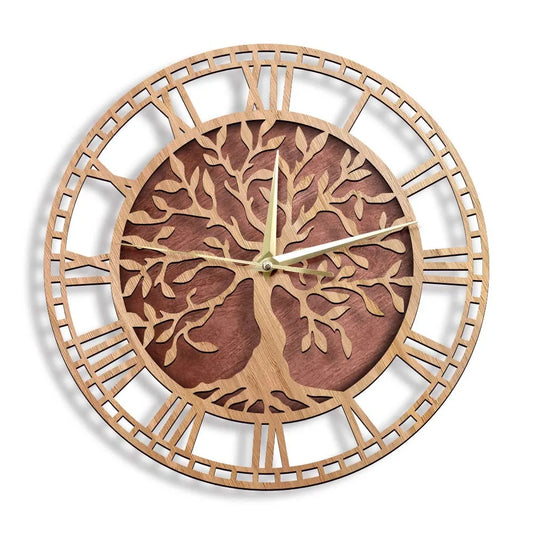 Horloge murale  vintage en bois motif Arbre de Vie, décorative et silencieuse – Sylvara