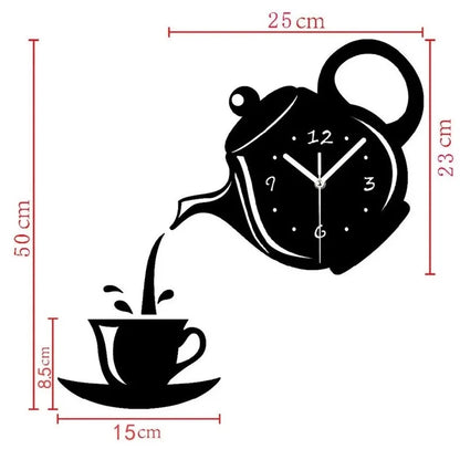 Horloge Murale Design Originale Théière 3D Miroir pour Cuisine, Silencieuse – Théova