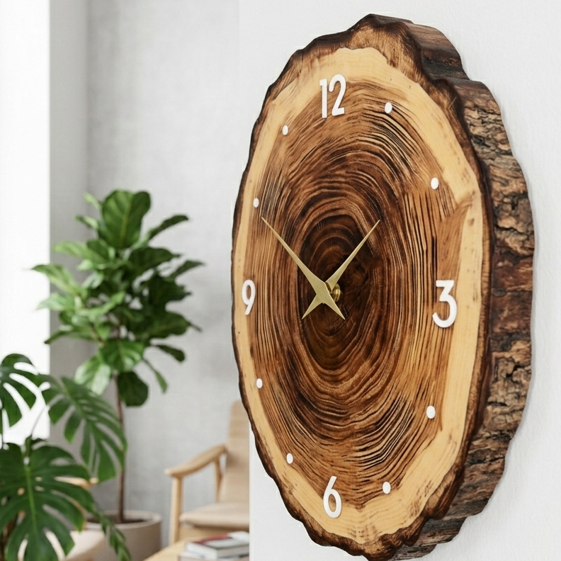 Horloge murale en bois effet tranche naturelle, silencieuse et décorative – Arboris