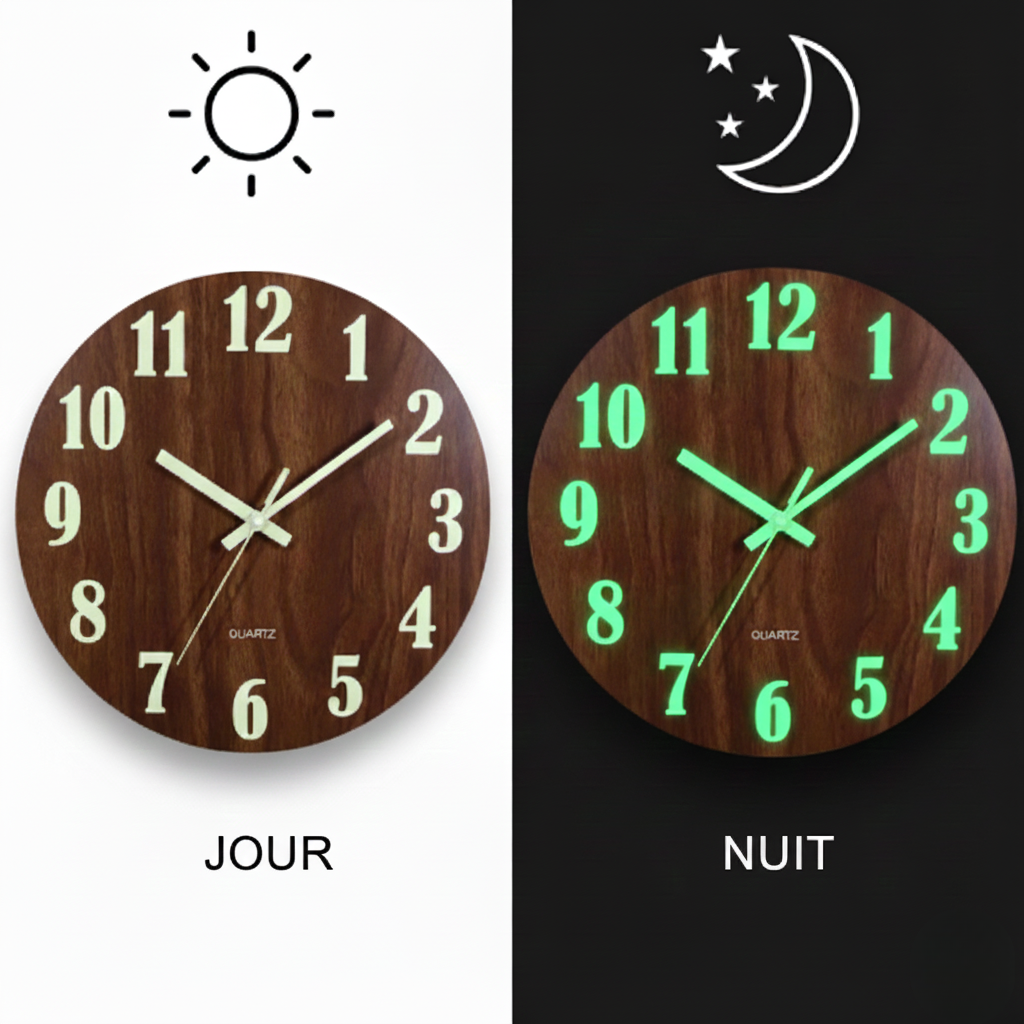 Horloge Murale Design Lumineuse en Bois, Silencieuse et Veilleuse Intégrée – Novara