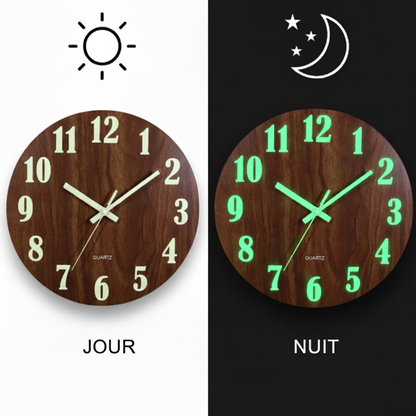 Horloge Murale Design Lumineuse en Bois, Silencieuse et Veilleuse Intégrée – Novara