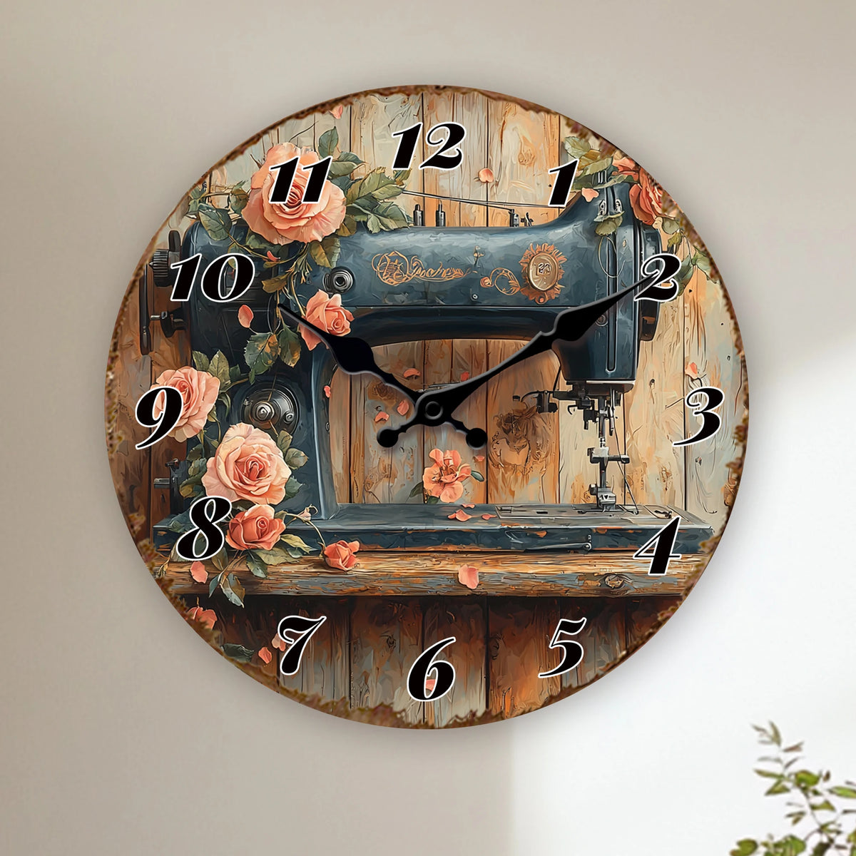 Horloge Murale Machine à Coudre Vintage et Roses, Silencieuse – Brocanta