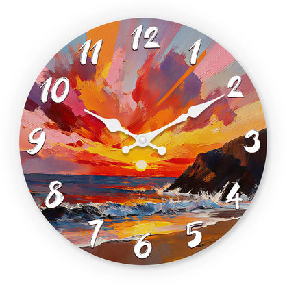 Horloge Murale en Bois Motif Coucher de Soleil Marin, Silencieuse – Horizéa