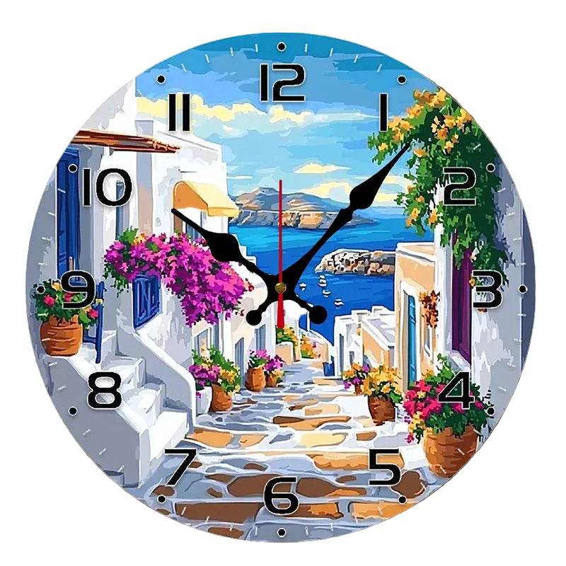 Horloge Murale Originale en Bois Motif Rue Méditerranéenne, Silencieuse et Décorative – Meridia