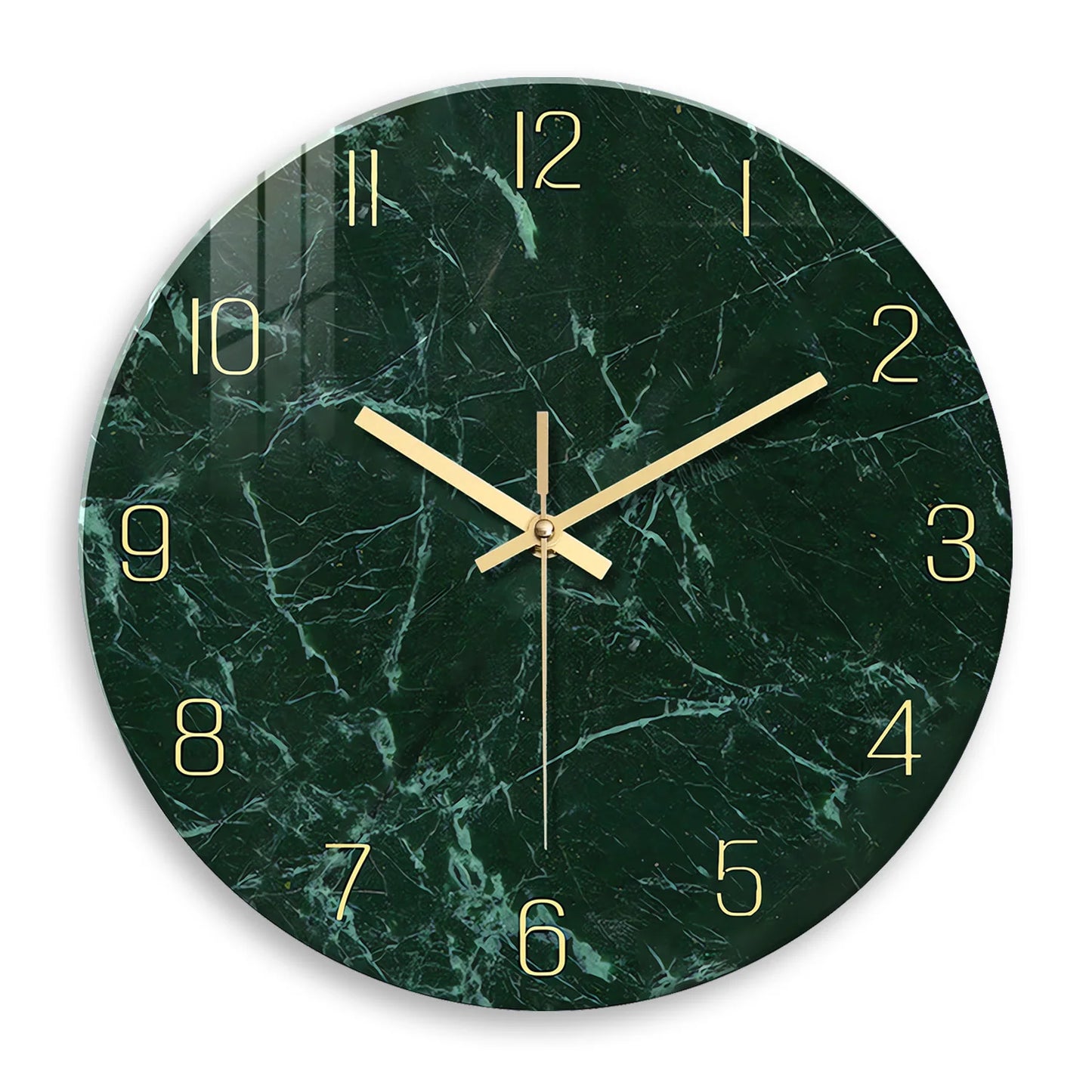 Horloge murale design en verre trempé effet marbre vert, analogique et silencieuse