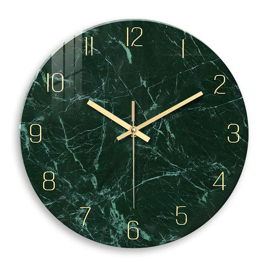 Horloge murale design en verre trempé effet marbre vert, analogique et silencieuse