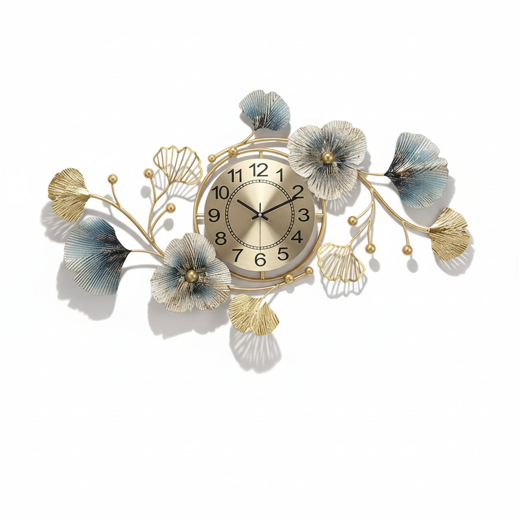 Horloge murale design en métal feuille de ginkgo, analogique et silencieuse - Floria