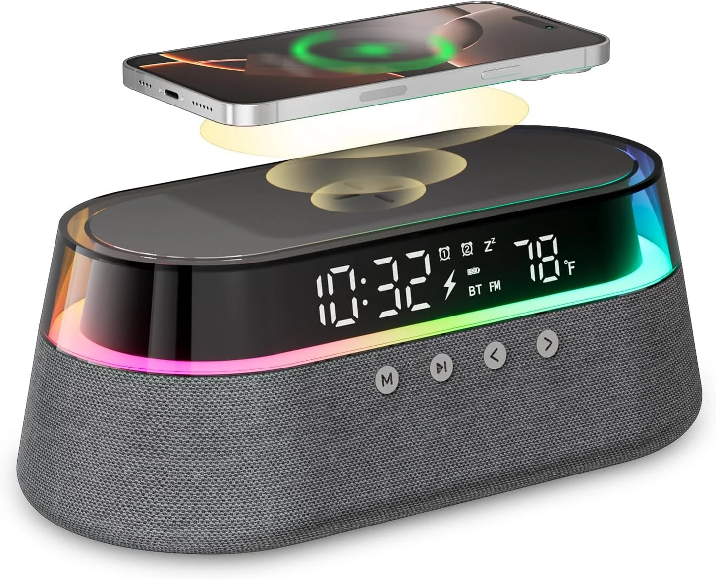 Horloge Numérique 6 en 1 avec Enceinte Bluetooth, Chargeur Sans Fil 15W et Veilleuse RGB – Sonova